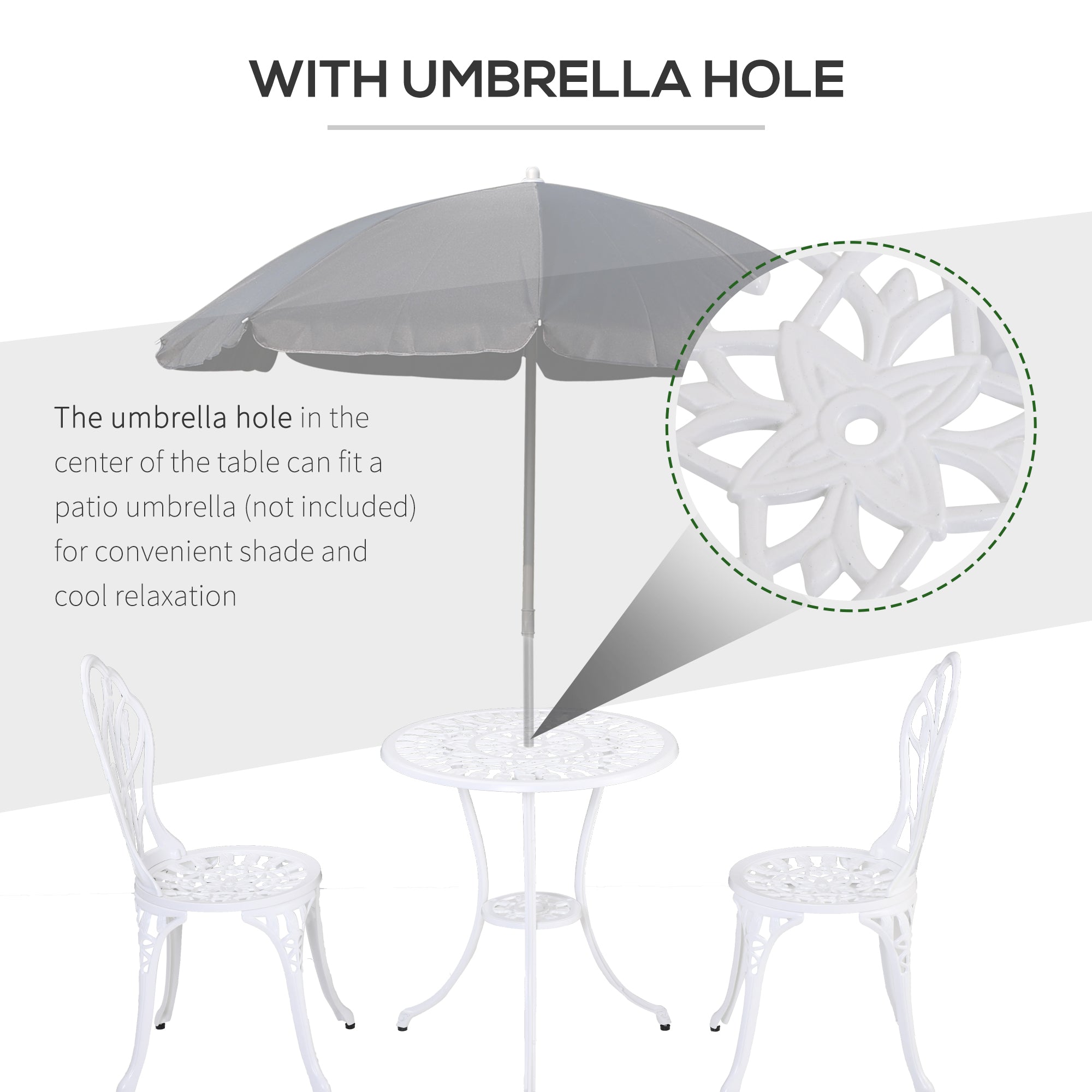 Outsunny 3 Piece Patio Bistro Set for 2, Outdoor Aluminium Garden Table and Chairs with Umbrella Hole for Balcony, White