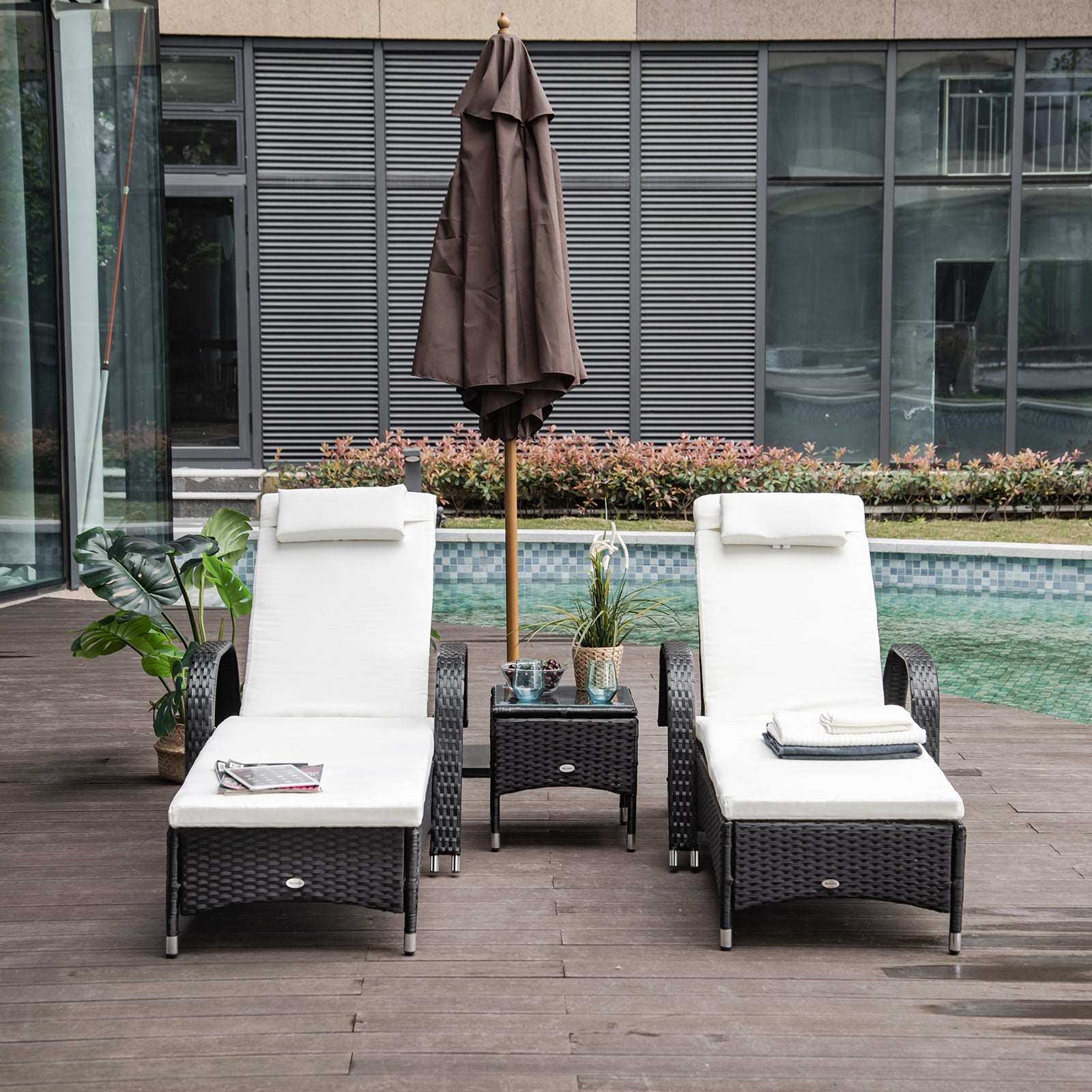 2 Seater Rattan Sun Lounger Set with Side Table Black