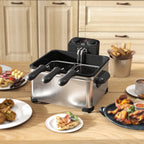 5 Litre Deep Fat Fryer Stainless Steel with Adjustable Temperature, 60min Timer, Removable Oil Basket, Viewing Window and Safety Cut Out, 2000W
