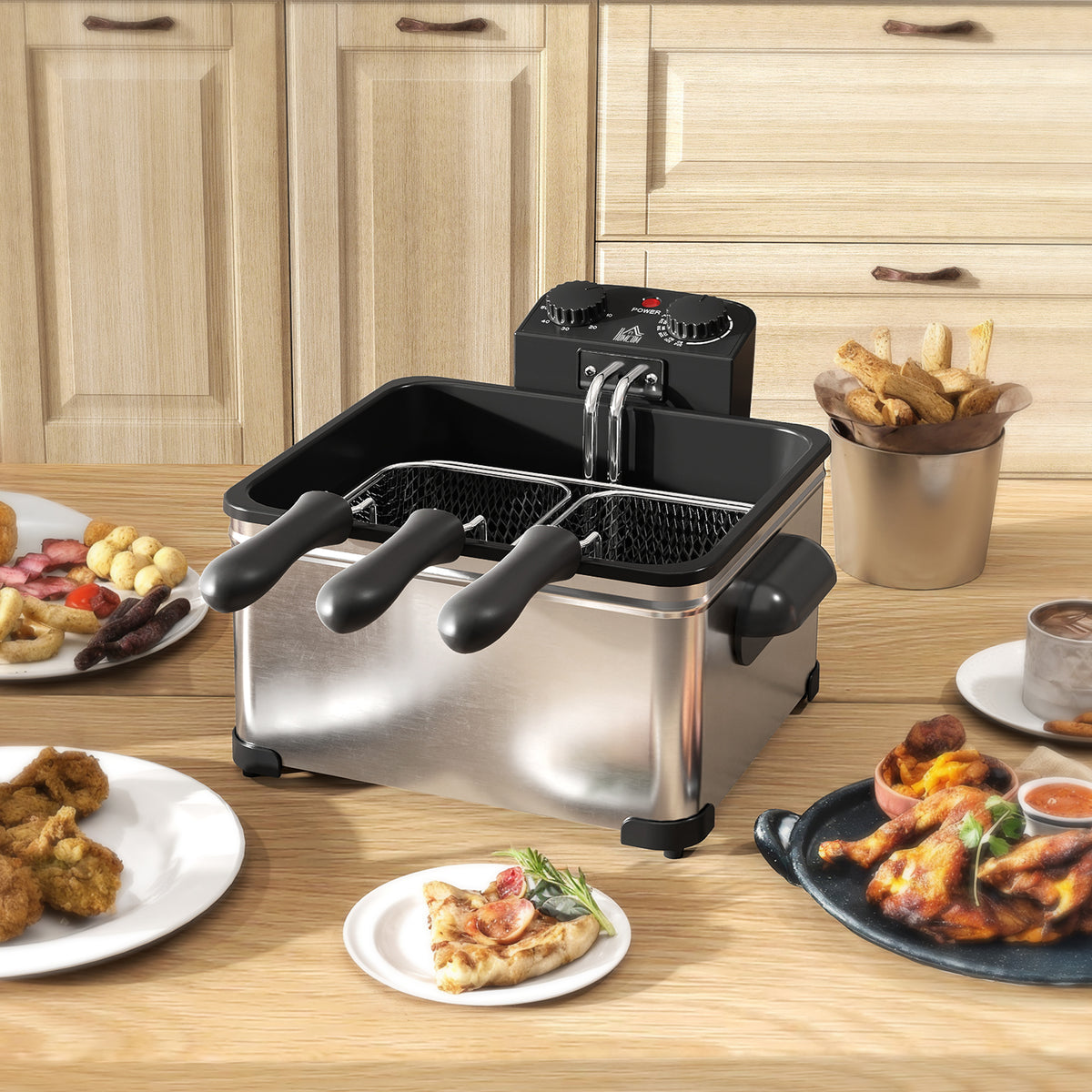 5 Litre Deep Fat Fryer Stainless Steel with Adjustable Temperature, 60min Timer, Removable Oil Basket, Viewing Window and Safety Cut Out, 2000W