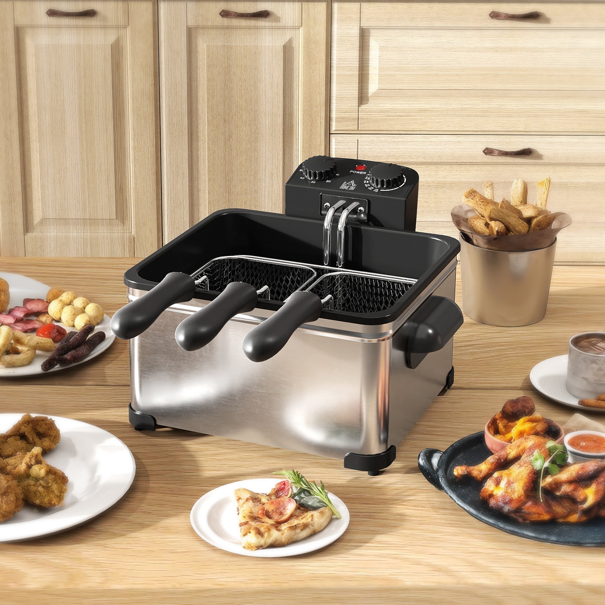 5 Litre Deep Fat Fryer Stainless Steel with Adjustable Temperature, 60min Timer, Removable Oil Basket, Viewing Window and Safety Cut Out, 2000W