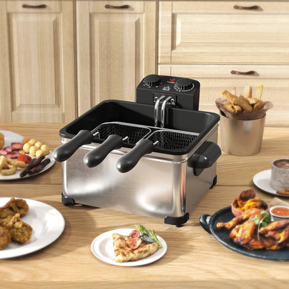 5 Litre Deep Fat Fryer Stainless Steel with Adjustable Temperature, 60min Timer, Removable Oil Basket, Viewing Window and Safety Cut Out, 2000W