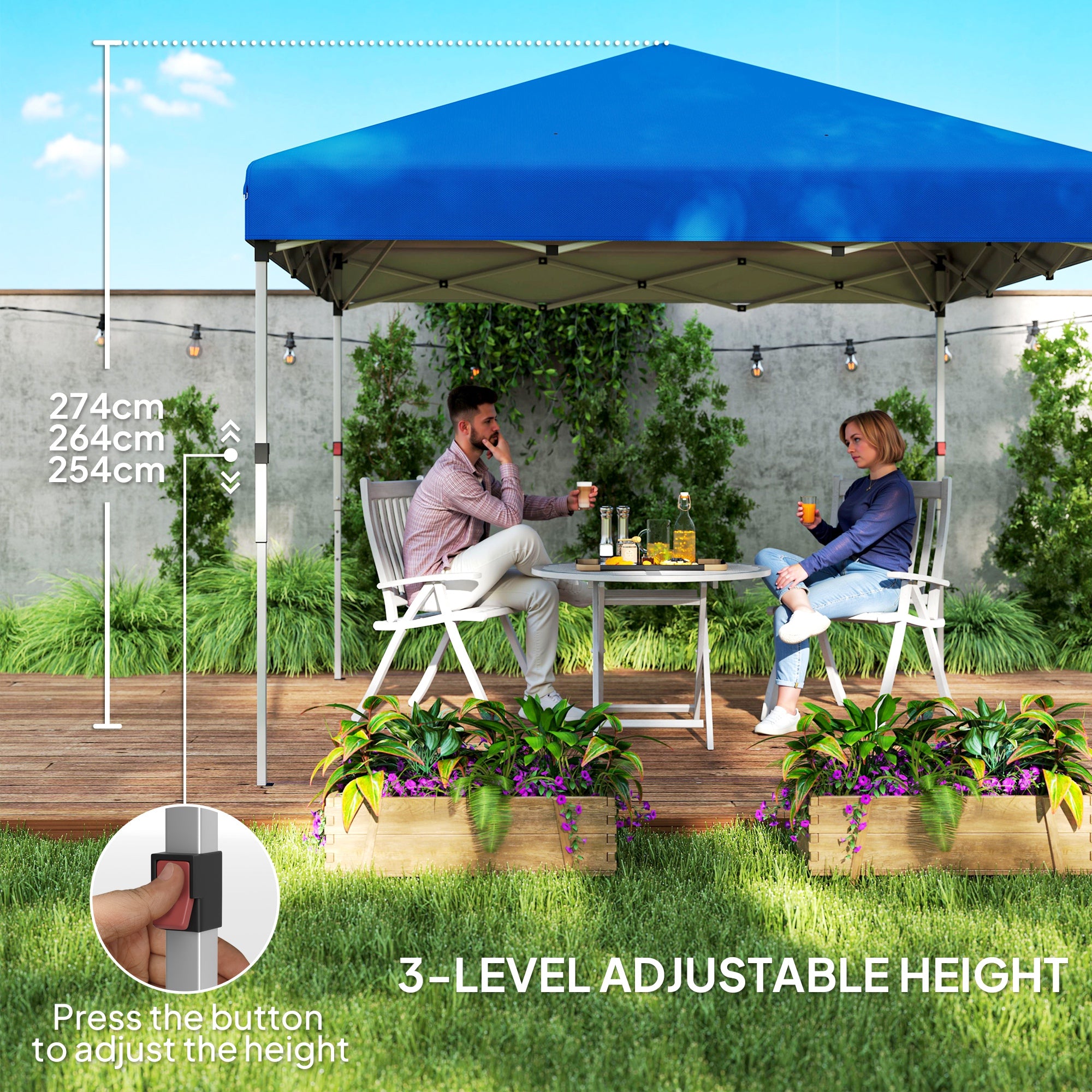 Outsunny 3 x 3 (M) Pop Up Gazebo, UPF 30+ with 2 Sidewalls, Leg Weight Bags and Wheeled Bag, Height Adjustable Party Tent Event Shelter for Garden, Patio, Blue