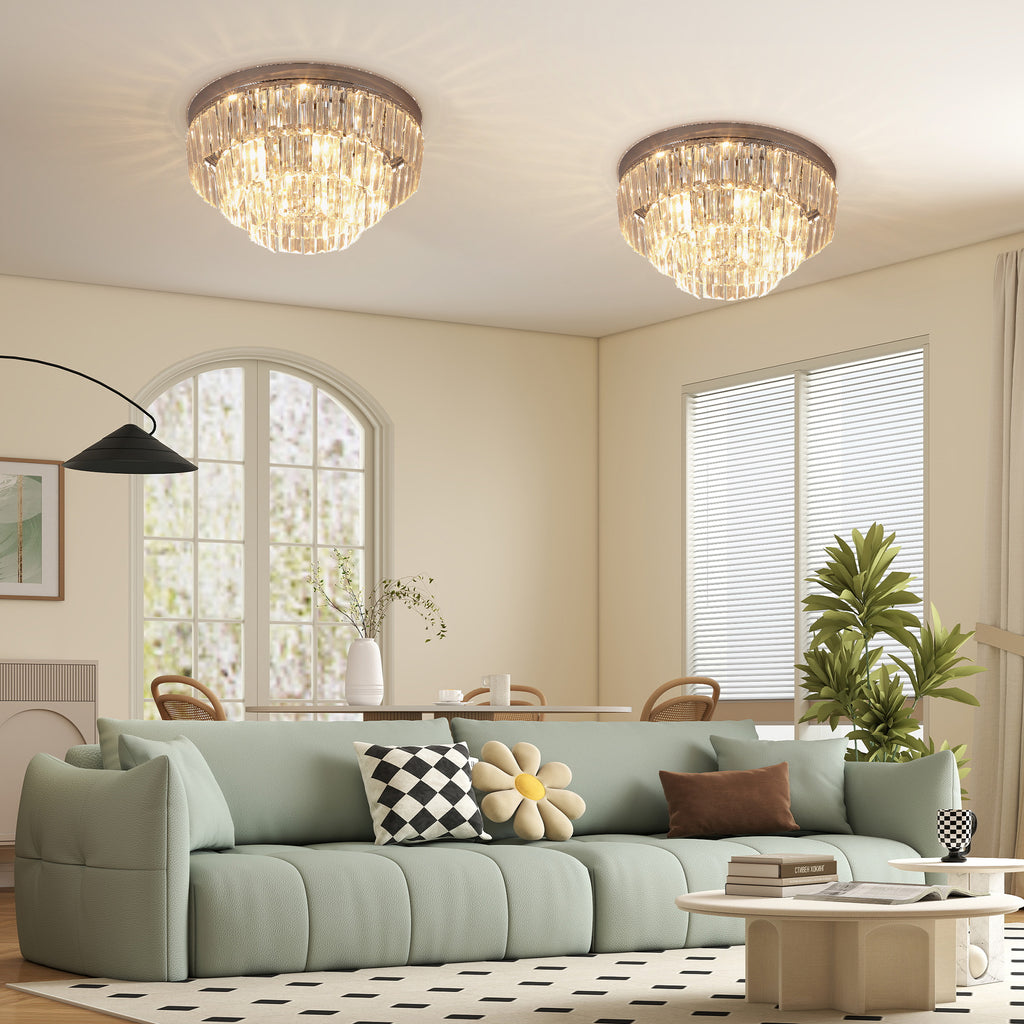 Set of 2 Modern Crystal Ceiling Lights, Chandeliers, Pendant Lamps w/ 7 Lights, E14 Fittings for Living Room, Bedroom, Silver