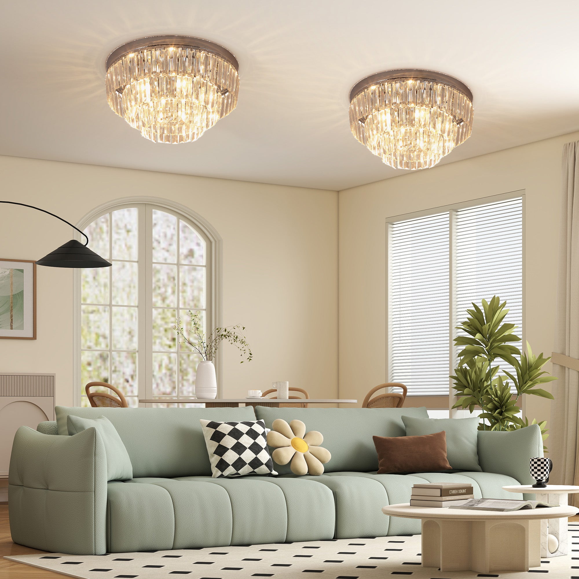 Set of 2 Modern Crystal Ceiling Lights, Chandeliers, Pendant Lamps w/ 7 Lights, E14 Fittings for Living Room, Bedroom, Silver