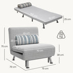 HOMCOM Single Sofa Bed, 1 Person Sleeper Foldable Lounge with Pillow, Light Grey