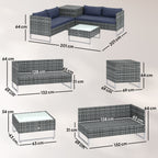 Outsunny 4 Piece Rattan Garden Furniture Set, Outdoor Corner Sofa Set with Storage Table, Loveseats, Cushions - Dark Blue