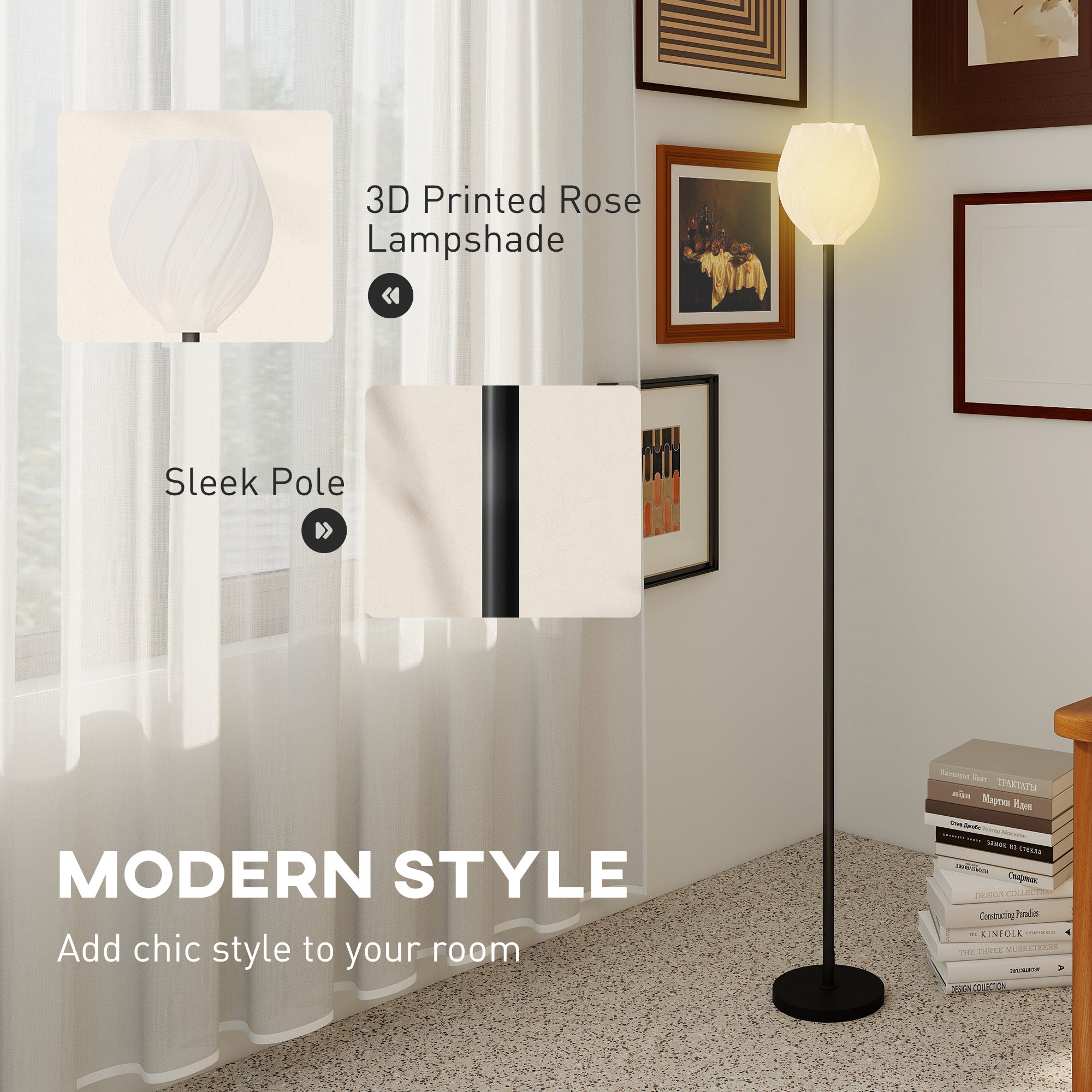 Flower Floor Lamp for Living Room, 3D Printed Modern Standing Lamp with Rose Shade & Foot Switch, Minimalist Tall Pole Lampshade for Bedroom, Office, E27 Holder without Bulb (25W Max), White