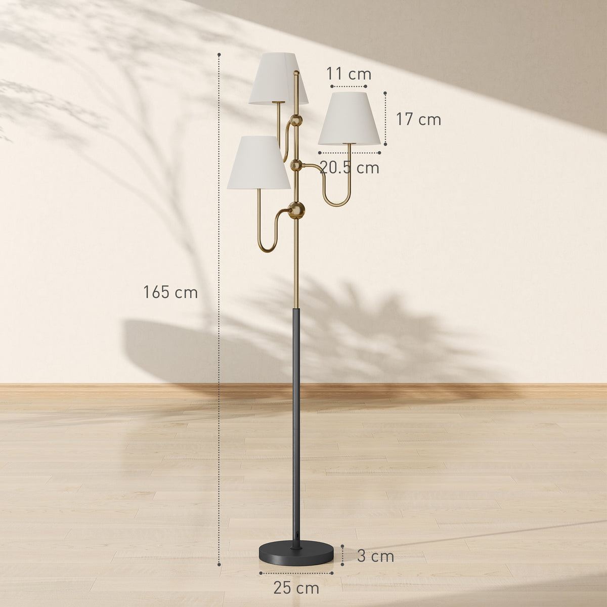 Floor Lamp, 165 cm Tall Standing Lamp with 3 Light and Foot Switch for Living Room, Bedroom, Bedside, Office, E27 Base Without Bulb (40W Max)