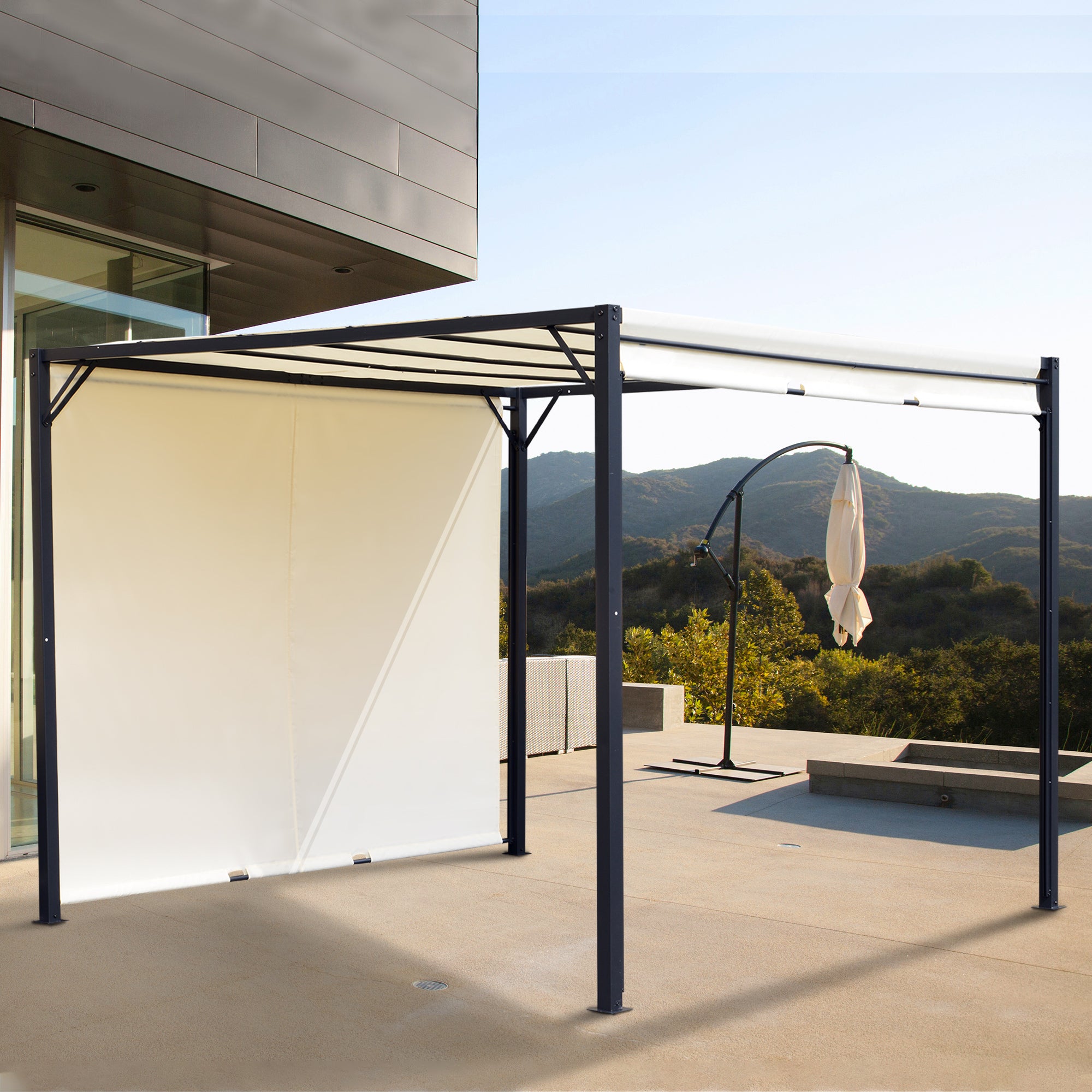 Outsunny Metal Pergola With Canopy Sliding Pergola Canopy 3Lx3Wx2.3H m Garden Gazebo Party Tent Sun Shelter Cover - Cream White/Black