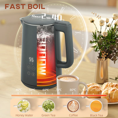 Digital Stainless Steel Kettle and Toaster Set, 1.5L 3000W Fast Boil Kettle, 2 Slice Toaster with 7 Level Browning Controls, Defrost, Reheat, Keep Warm, Crumb Tray and LED Touch Display, Grey