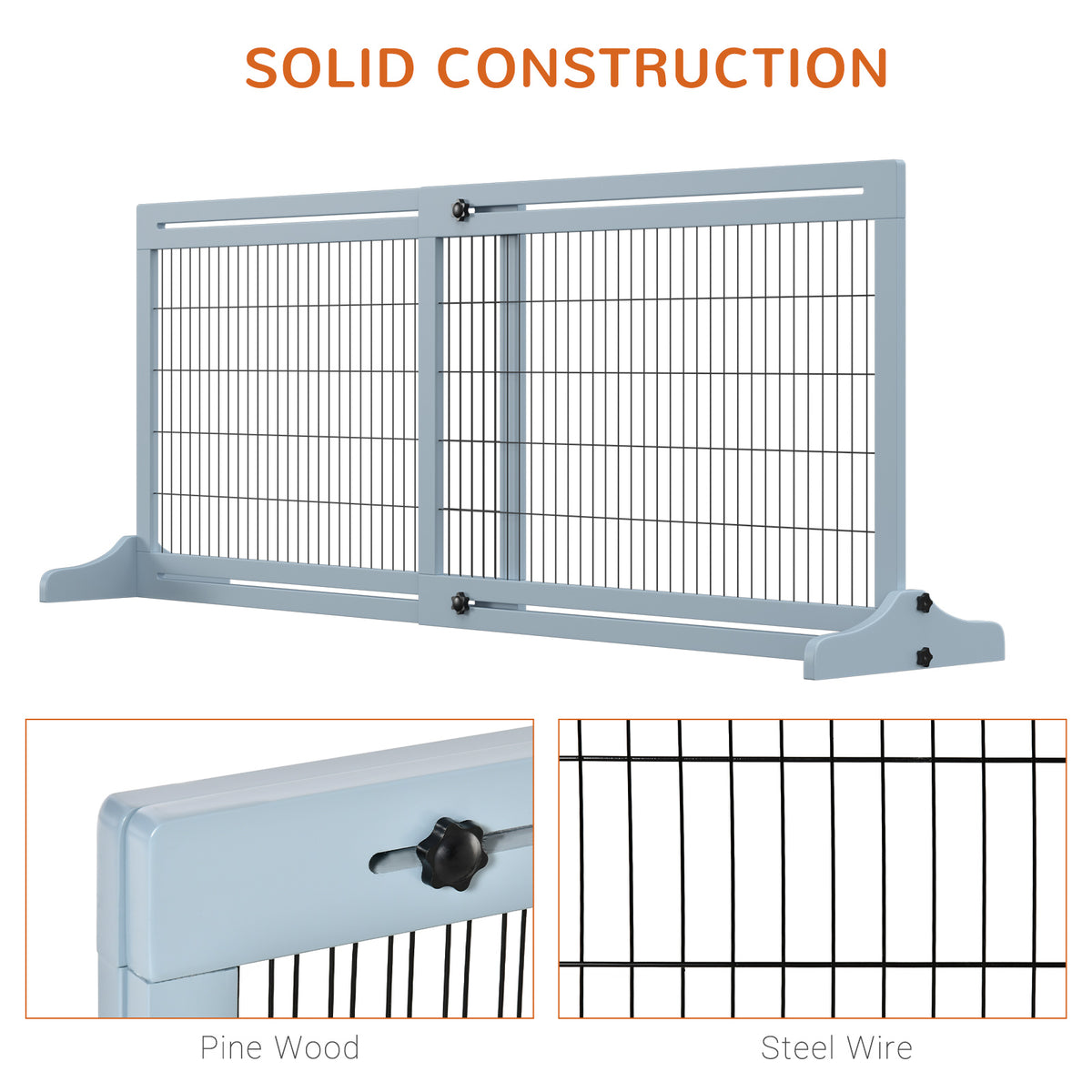 PawHut Freestanding Dog Gate, Foldable Pet Fence, Indoor Wood Barrier, Stair Gate with Support Feet, for Doorway, Hallway, Small and Medium Dogs, 69H x 104-180 cm, Blue-grey
