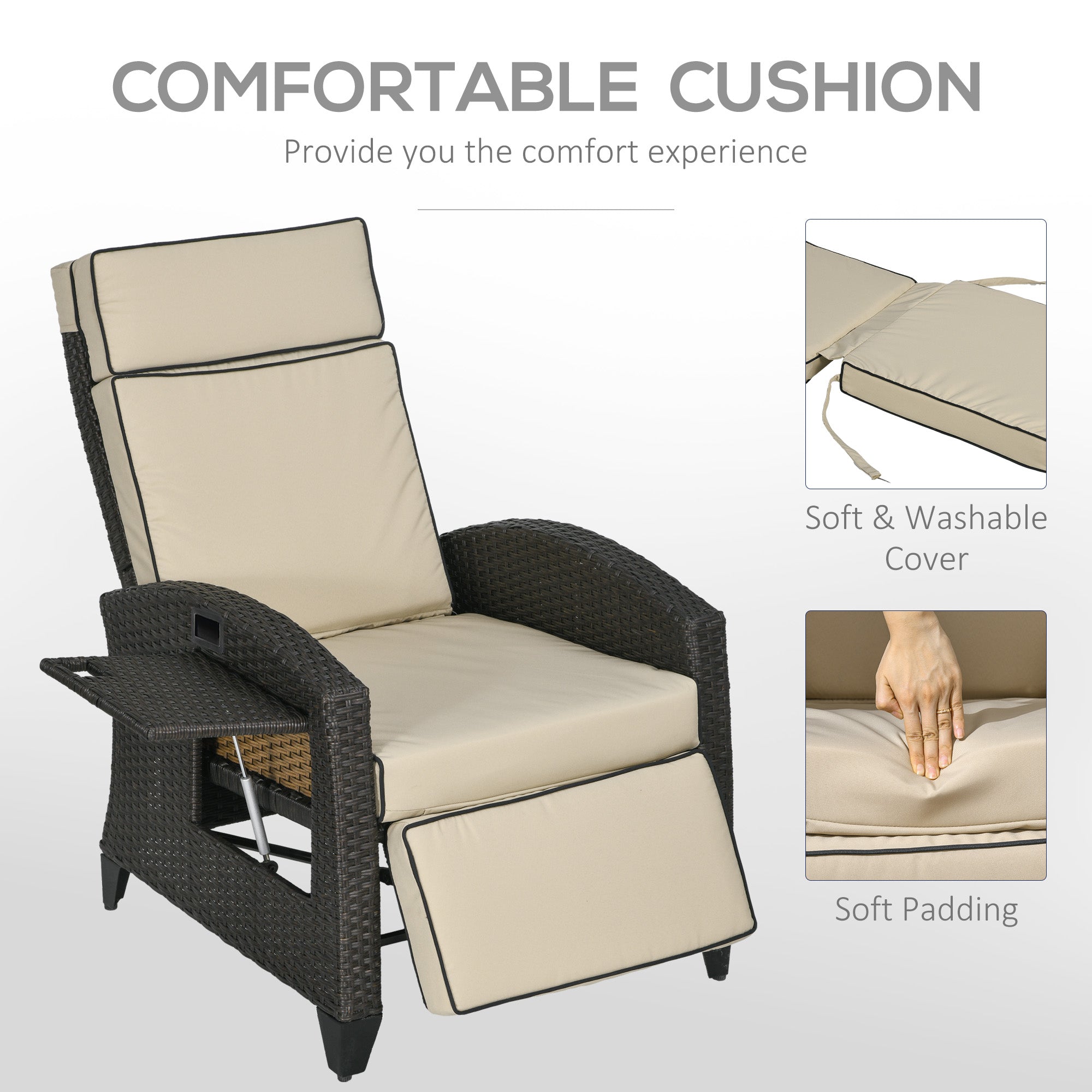 Outsunny Outdoor Recliner Chair with Adjustable Backrest and Footrest, Cushion, Side Tray, Khaki/Brown