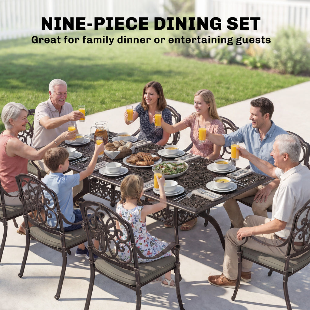 Outsunny 9 Piece Cast Aluminium Garden Dining Set, Garden Table and Chairs Set with Cushions, Parasol Hole for Patio, Bronze Tone