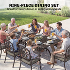 Outsunny 9 Piece Cast Aluminium Garden Dining Set, Garden Table and Chairs Set with Cushions, Parasol Hole for Patio, Bronze Tone