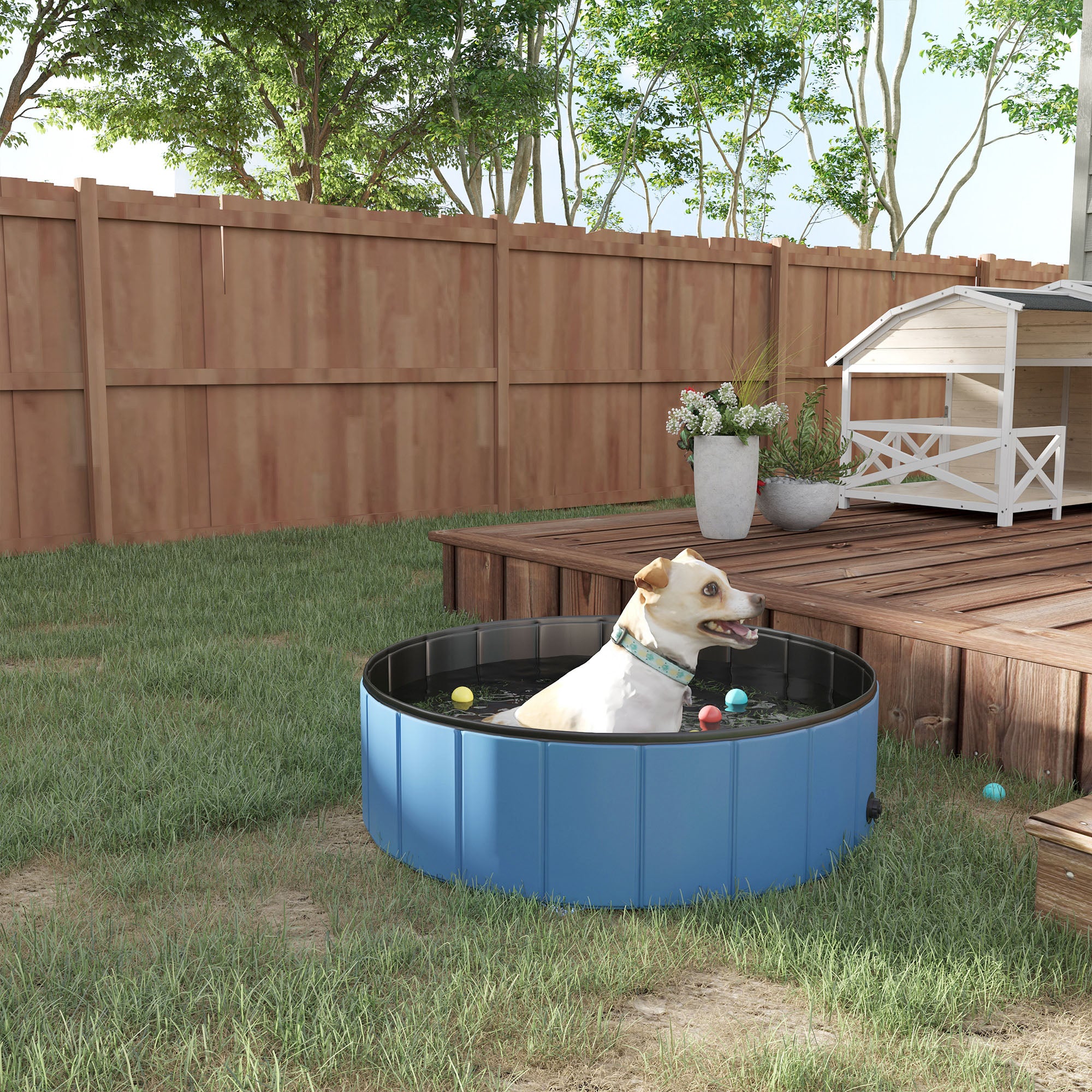 PawHut Foldable Dog Pool for Puppies and Ducks, Thickened PVC Dog Paddling Pool Bath Tub Hard Board, Anti-Slip Bottom and Drainage Hole, 100 x 30cm, Blue