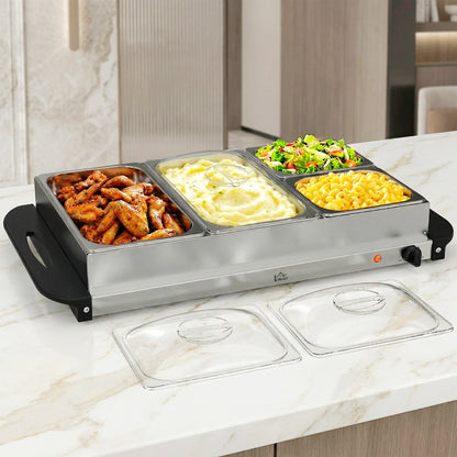 4 Tray Electric Food Warmer Buffet Server with Warming Plate, Cool Touch Handles, Adjustable Temperature, 300W, 2 x 2.4L and 2 x 1L Pans