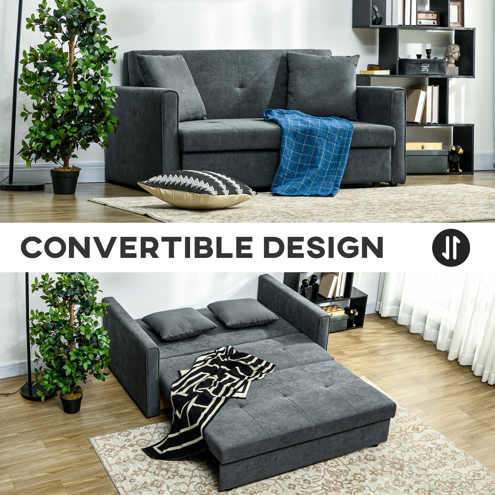 HOMCOM 2 Seater Sofa Bed with Hidden Storage, Pull Out Convertible Bed Settee, Modern Snow Flannel Loveseat Sofa Sleeper with 2 Cushions for Living Room, Guest Room, Dark Grey