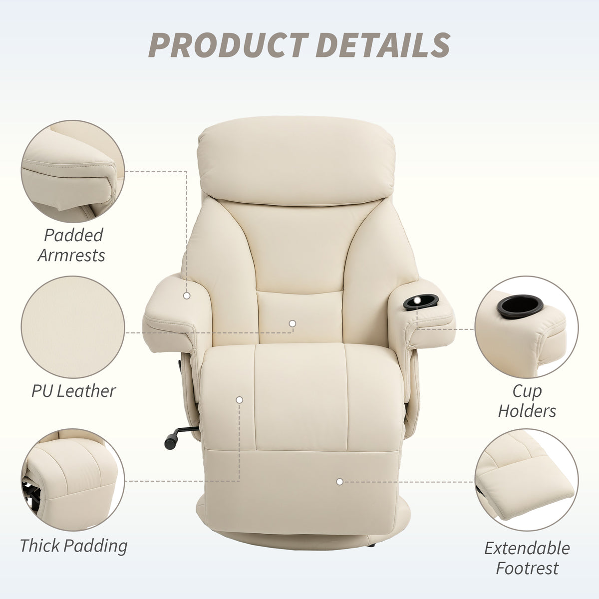 Manual Recliner Chair with Footrest, Upholstered Reclining Armchair with Adjustable Backrest and Cup Holder, PU Leather Swivel Chair for Living Room, Bedroom, Cream White