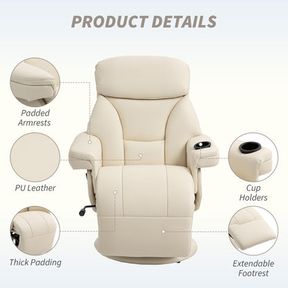 Manual Recliner Chair with Footrest, Upholstered Reclining Armchair with Adjustable Backrest and Cup Holder, PU Leather Swivel Chair for Living Room, Bedroom, Cream White