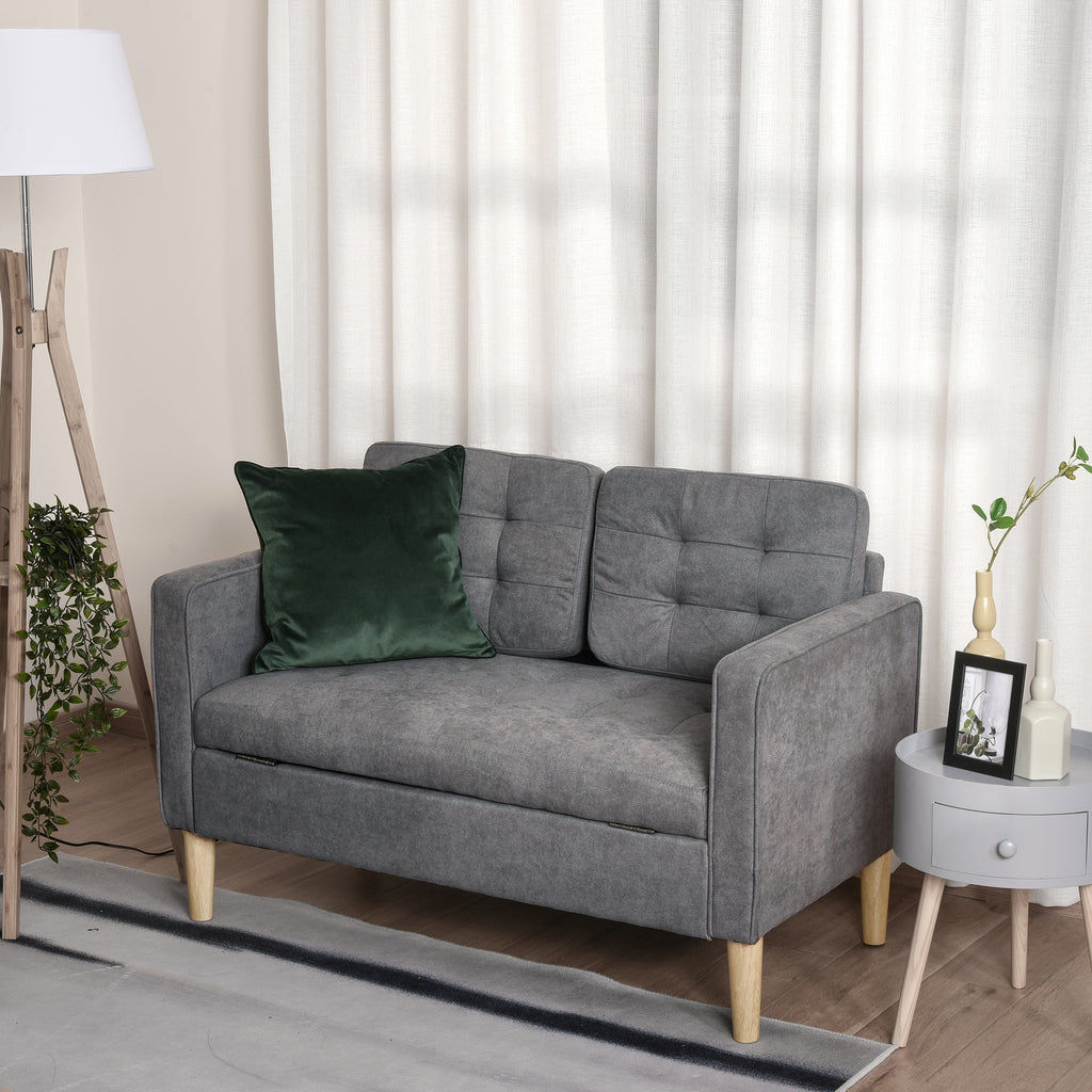 HOMCOM 2 Seater Storage Sofa, Fabric Couch with Hidden Under Seat Storage, Thick Cushions, Compact Space Saving Settee with Rubberwood Legs for Living Room, Apartment, Grey