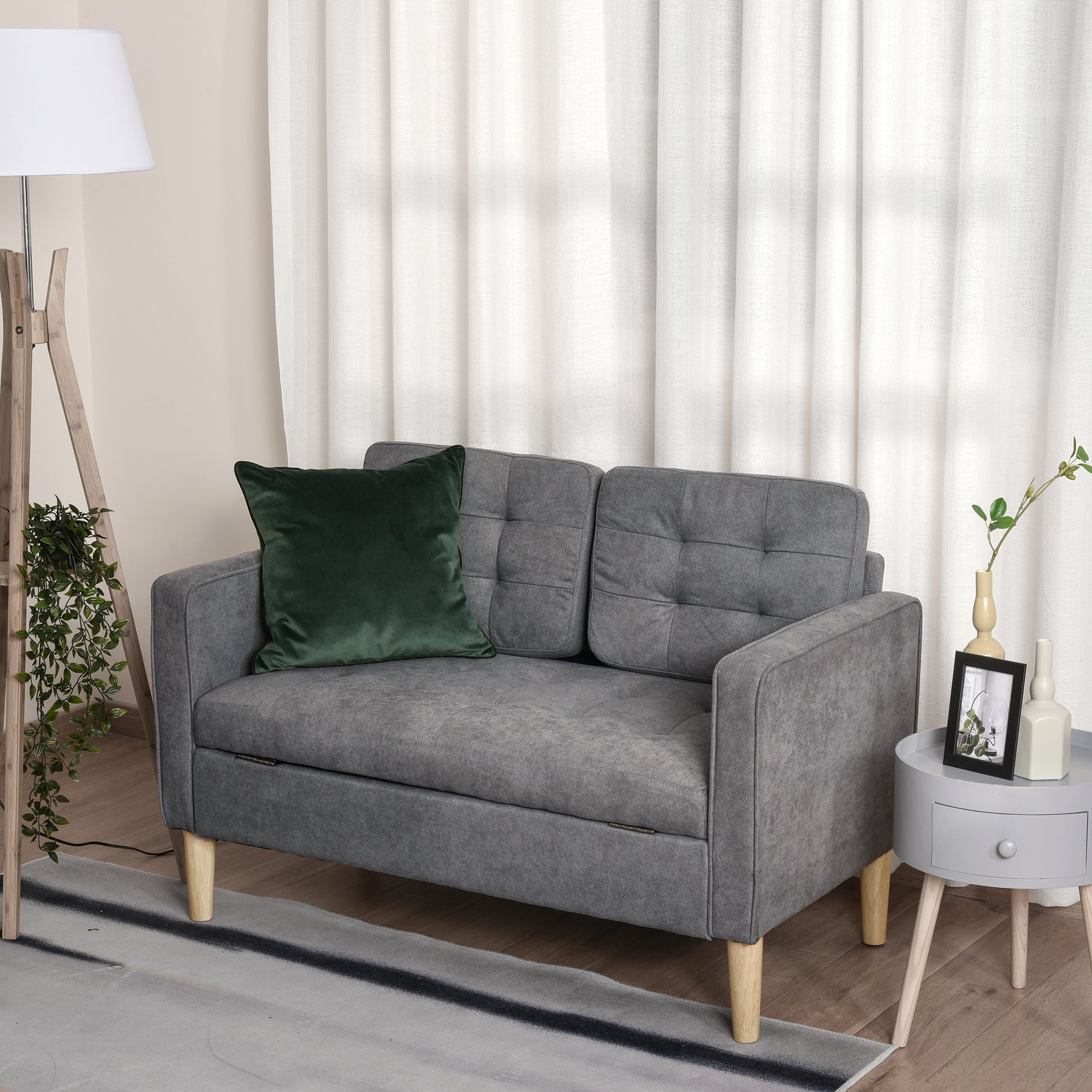 HOMCOM 2 Seater Storage Sofa, Fabric Couch with Hidden Under Seat Storage, Thick Cushions, Compact Space Saving Settee with Rubberwood Legs for Living Room, Apartment, Grey