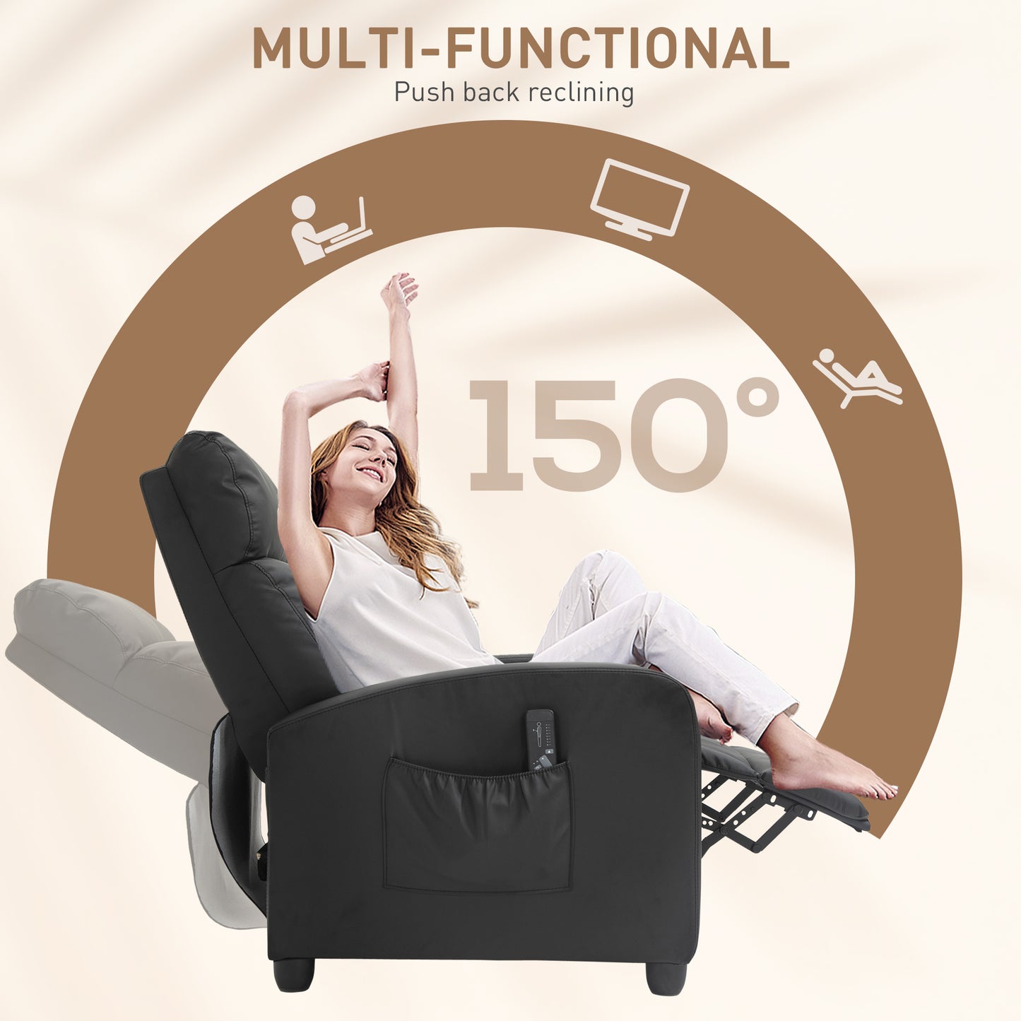 Massage Recliner Armchair with 150° Recline, Faux Leather, Side Pocket, Black