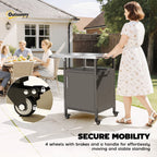 Outsunny Grill Cart with Stainless Steel Top, Pizza Oven Stand with Cabinet, Spice Rack, Towel Holder, Bottle Opener, Brown