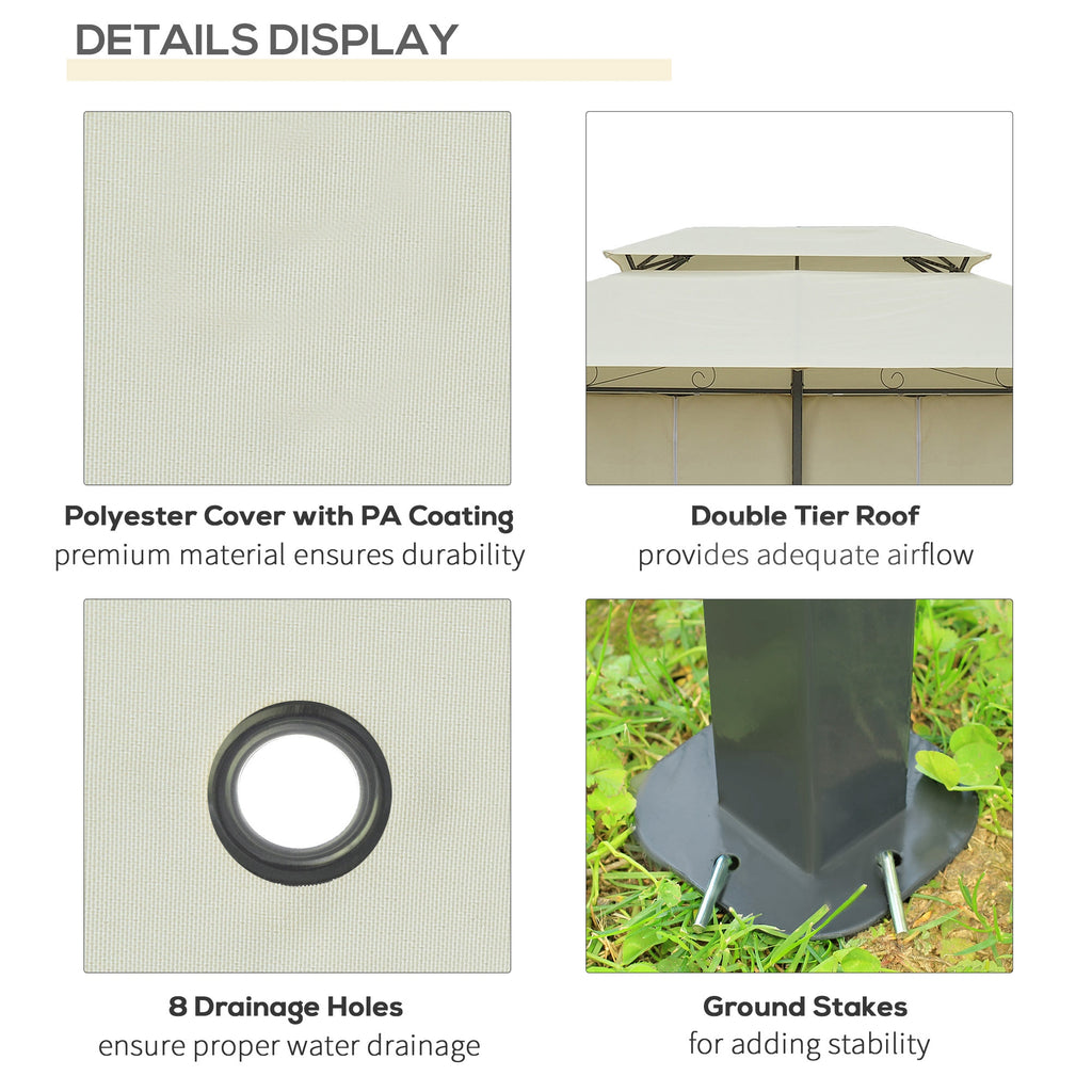 Outsunny 4m x 3(m)Garden Gazebo, Double Roof Outdoor Gazebo Canopy Shelter with Curtains, Solid Steel Frame for Lawn and Deck, Beige