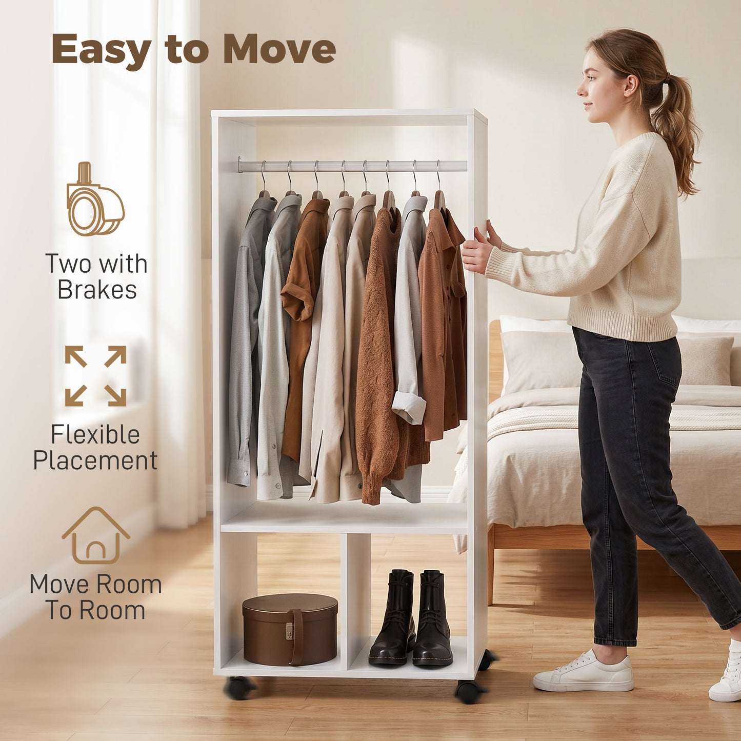 Open Wardrobe on Wheels, Bedroom Wardrobe with Clothes Hanging Rail, 2 Storage Shelves, Mobile Garment Rack for Cloakroom, Hallway, White