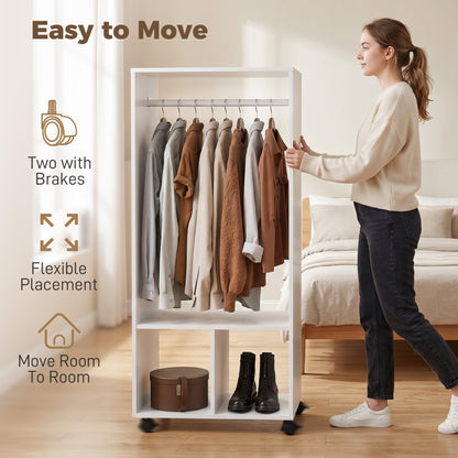 Open Wardrobe on Wheels, Bedroom Wardrobe with Clothes Hanging Rail, 2 Storage Shelves, Mobile Garment Rack for Cloakroom, Hallway, White