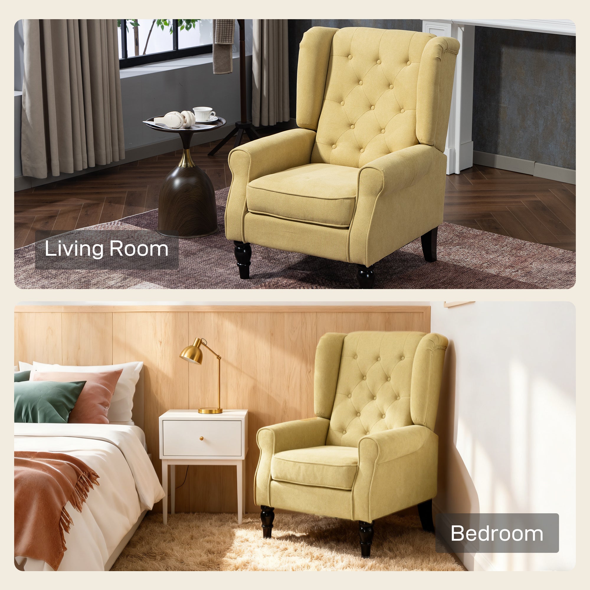 HOMCOM Wingback Accent Chair, Retro Upholstered Button Tufted Occasional Chair for Living Room and Bedroom, Yellow