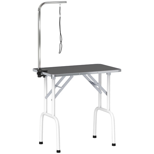 PawHut 32" Foldable Dog Grooming Table Pet Drying Beauty Table Adjustable Fixed Arm Rubber Top, Black