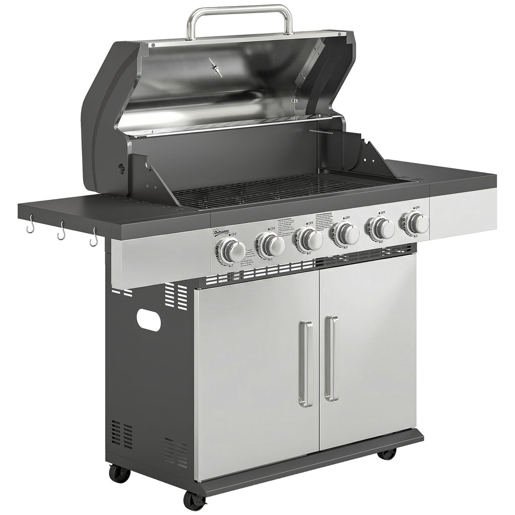Outsunny 6 Burner Liquid Propane Gas BBQ Grill, Outdoor Portable Gas Barbecue Grill with Warming Rack, Side Tables, Cabinet