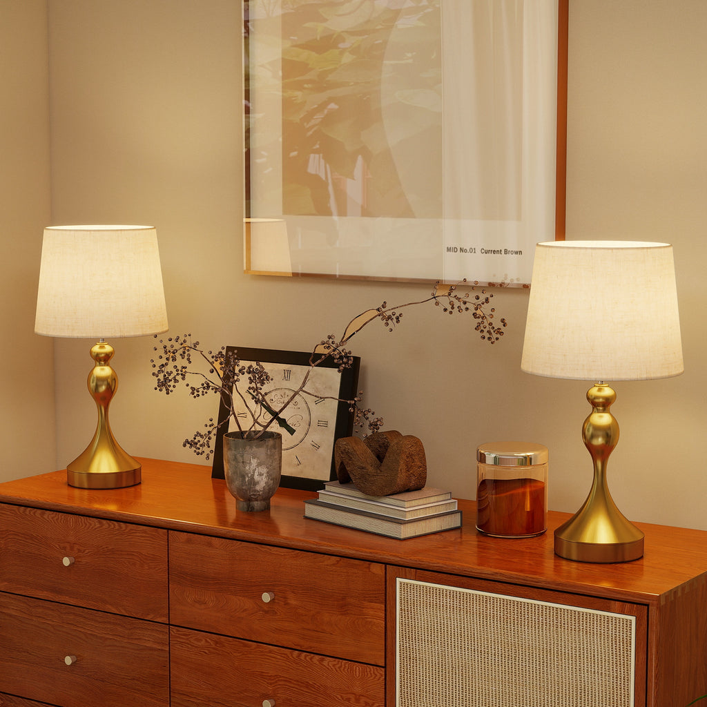 Set of Two Three-Colour Lamps, with USB Ports - Gold Tone