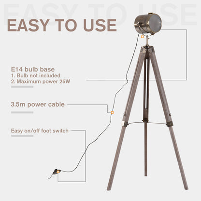 Industrial Tripod Floor Lamp, Nautical Searchlight with Adjustable Height, Wood Legs, E14 Lamp Base for Living Room, Bedroom, Grey and Bronze