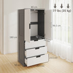 Modern Clothes Storage Cupboard Unit, 3 Drawer 2 Door Wardrobe with Hanging Rod, Grey
