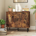 HOMCOM Mid-Century Modern Sideboard Storage Cabinet with Slatted Tambour Sliding Doors, Kitchen Cabinet with Steel Legs, Rustic Brown