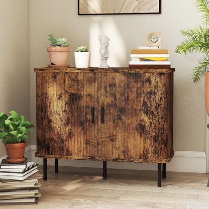 Mid-Century Modern Sideboard Storage Cabinet with Slatted Tambour Sliding Doors, Kitchen Cabinet with Steel Legs, Rustic Brown