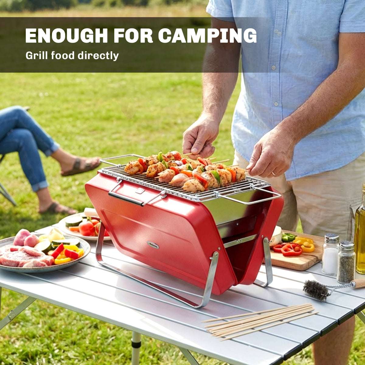 Outsunny Portable Mini Charcoal Barbecue Grill with Suitcase Shell, Outdoor Folding Tabletop BBQ Grill, Red