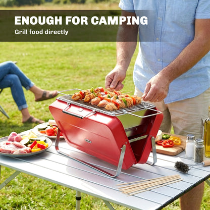 Outsunny Portable Mini Charcoal Barbecue Grill with Suitcase Shell, Outdoor Folding Tabletop BBQ Grill, Red