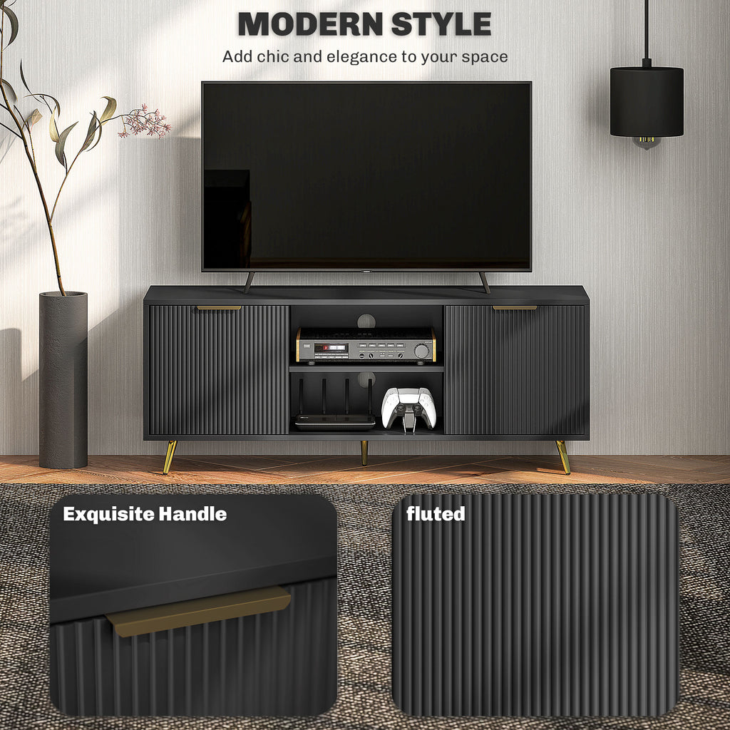 Modern TV Stand Cabinet for TVs up to 55", TV Unit with 2 Open Shelves and 2 Cabinets, Entertainment Centre with Cable Management for Living Room, Black