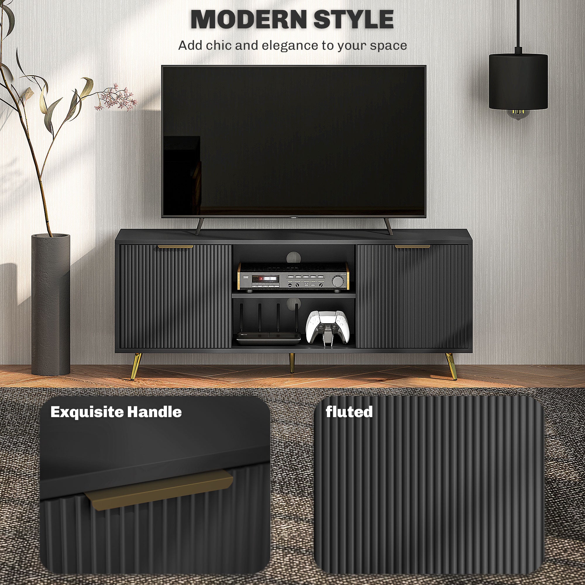 Modern TV Stand Cabinet for TVs up to 55", TV Unit with 2 Open Shelves and 2 Cabinets, Entertainment Centre with Cable Management for Living Room, Black
