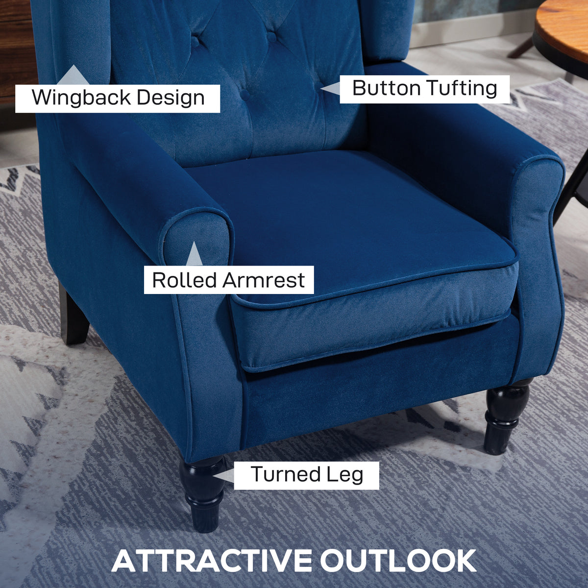 Wingback Accent Chair, Retro Upholstered Button Tufted Occasional Chair for Living Room and Bedroom, Blue