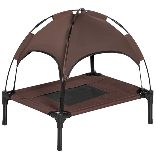 PawHut Outdoor Dog Bed with Removable Canopy, Portable Raised Dog Bed for Camping, Garden & Beach, Water-Resistant UV-Protection Mesh Pet Cot Sun Lounger, for Small Pets, 61 x 46 x 62 cm, Brown