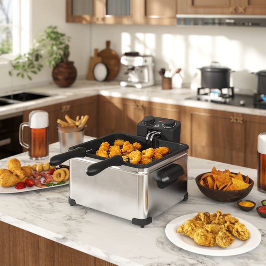 5 Litre Deep Fat Fryer Stainless Steel with Adjustable Temperature, 60min Timer, Removable Oil Basket, Viewing Window and Safety Cut Out, 2000W