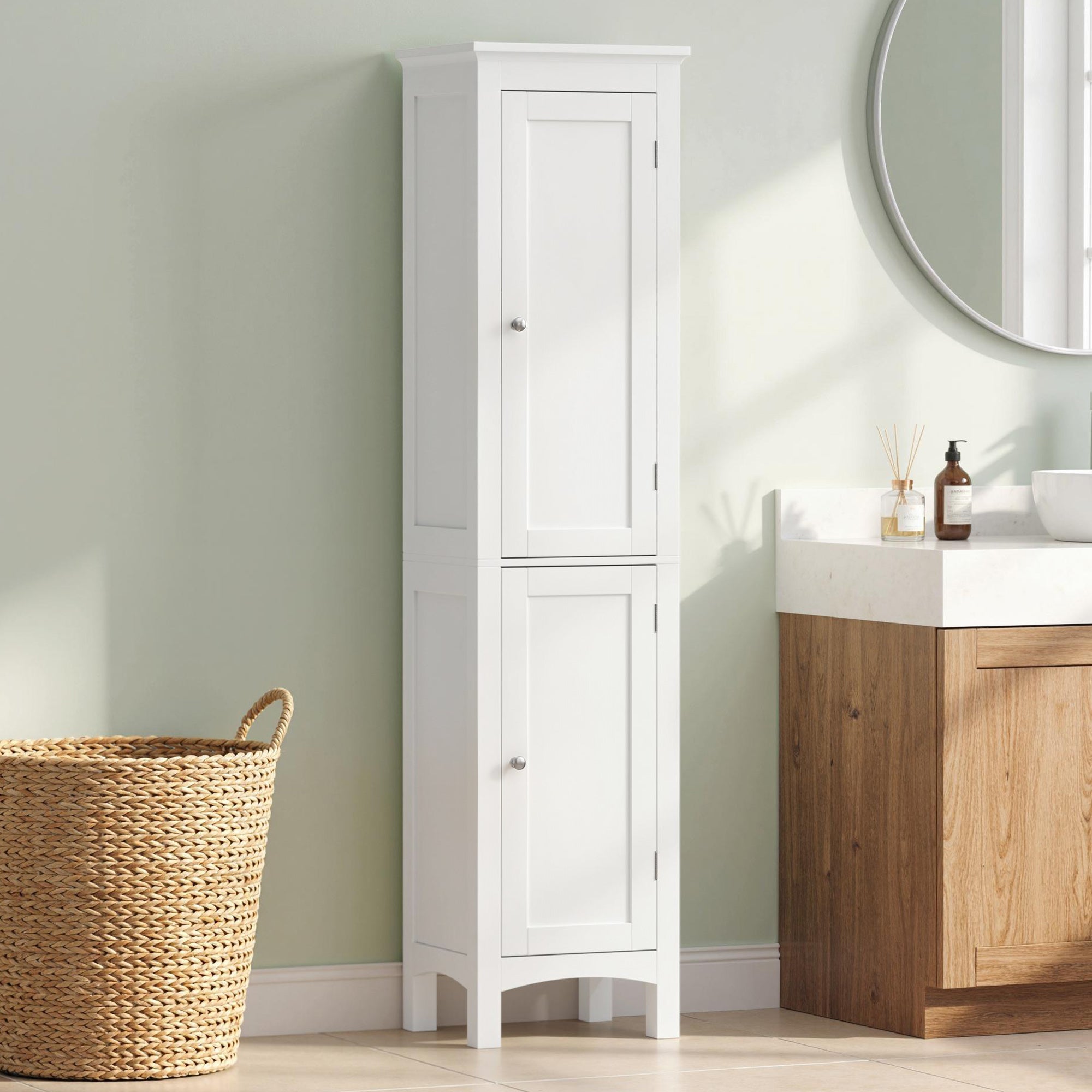 kleankin Tall Bathroom Storage Unit, Slim Bathroom Cabinet with Adjustable Shelves and Double Door, White