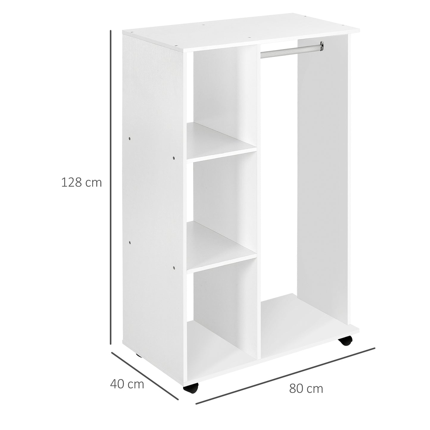 Open Wardrobe on Wheels, Bedroom Wardrobe with Clothes Hanging Rail, 3 Storage Shelves, Mobile Garment Rack for Cloakroom, Hallway, White