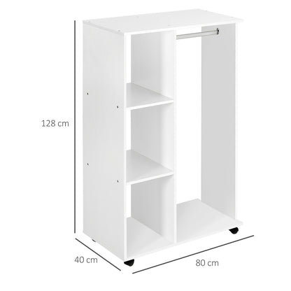 Open Wardrobe on Wheels, Bedroom Wardrobe with Clothes Hanging Rail, 3 Storage Shelves, Mobile Garment Rack for Cloakroom, Hallway, White