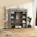 Clothes Storage Organiser with Hanging Rail, Shelves, Portable Wardrobe, Foldable Fabric Wardrobe, Light Grey